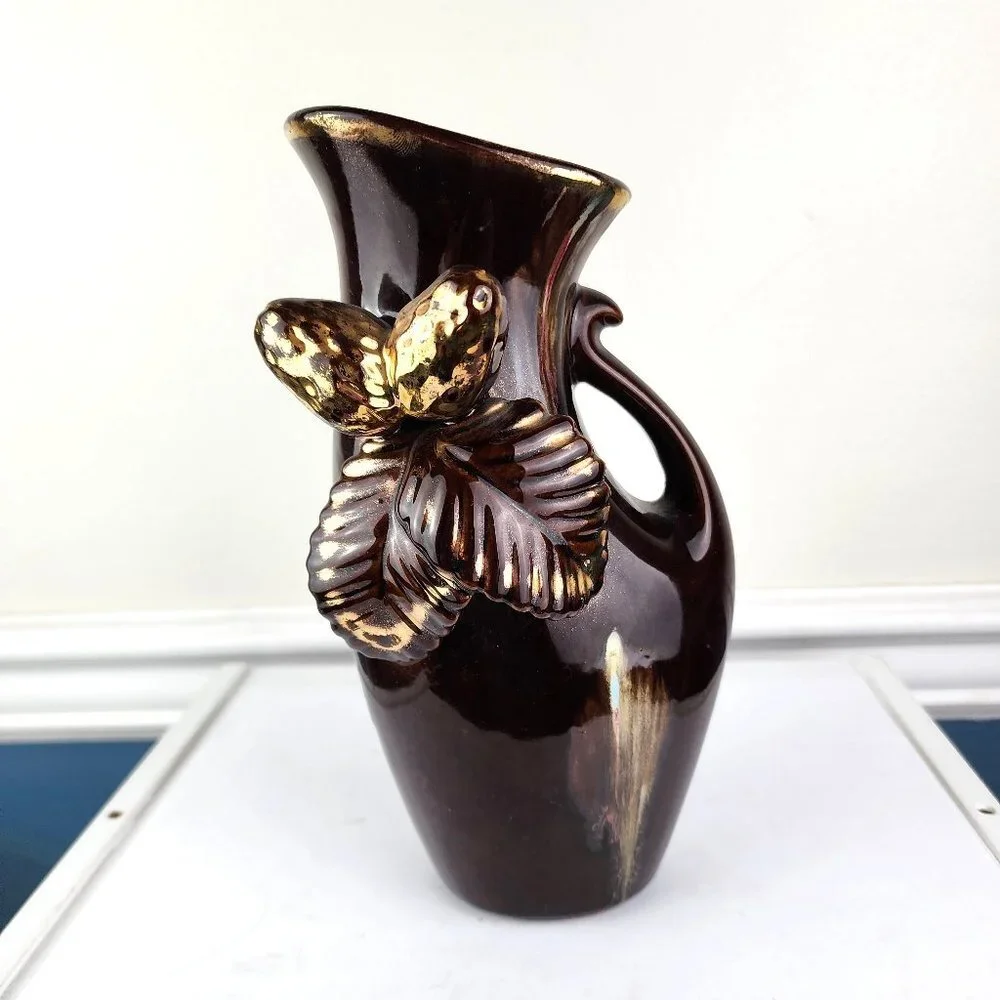 Exquisitely Yours Vintage Handled Ceramic Vase Brown Gold Accents Vase Decor Jug